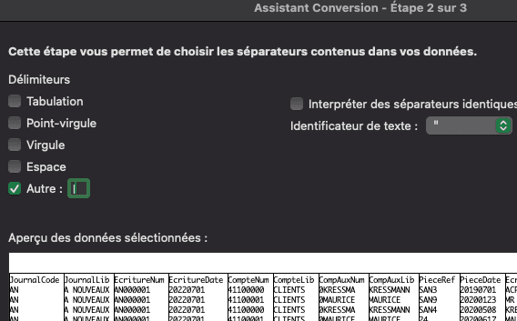Etape 2 conversion : choix du séparateur